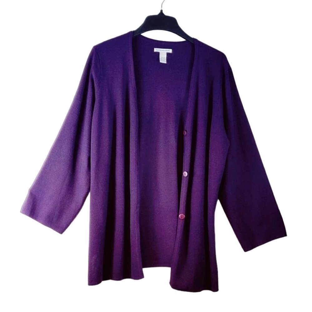 Reference Point Long Cardigan Purple Eggplant Knit Button Front Side Slit Sz 26
